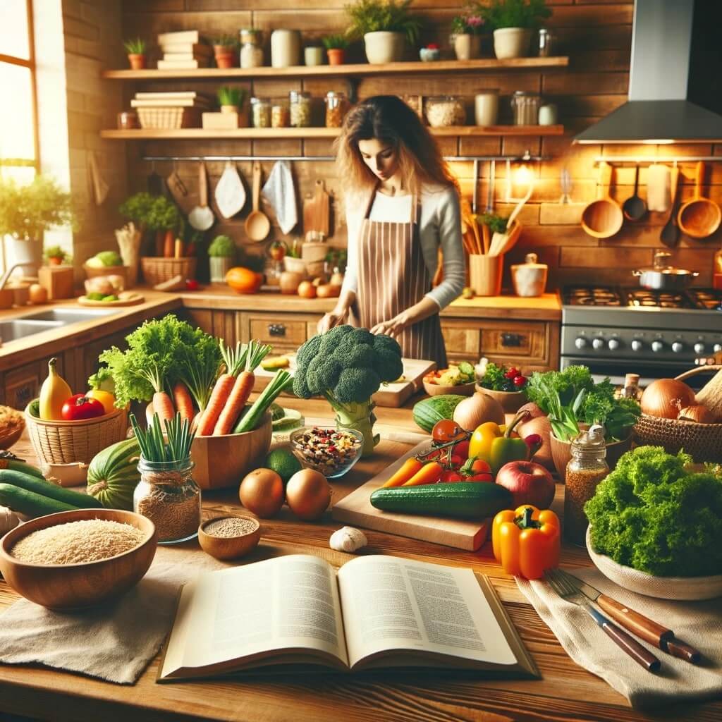 A-cozy-and-inviting-kitchen-scene-showcasing-a-variety-of-healthy-foods-being-prepared-on-a-wooden-countertop